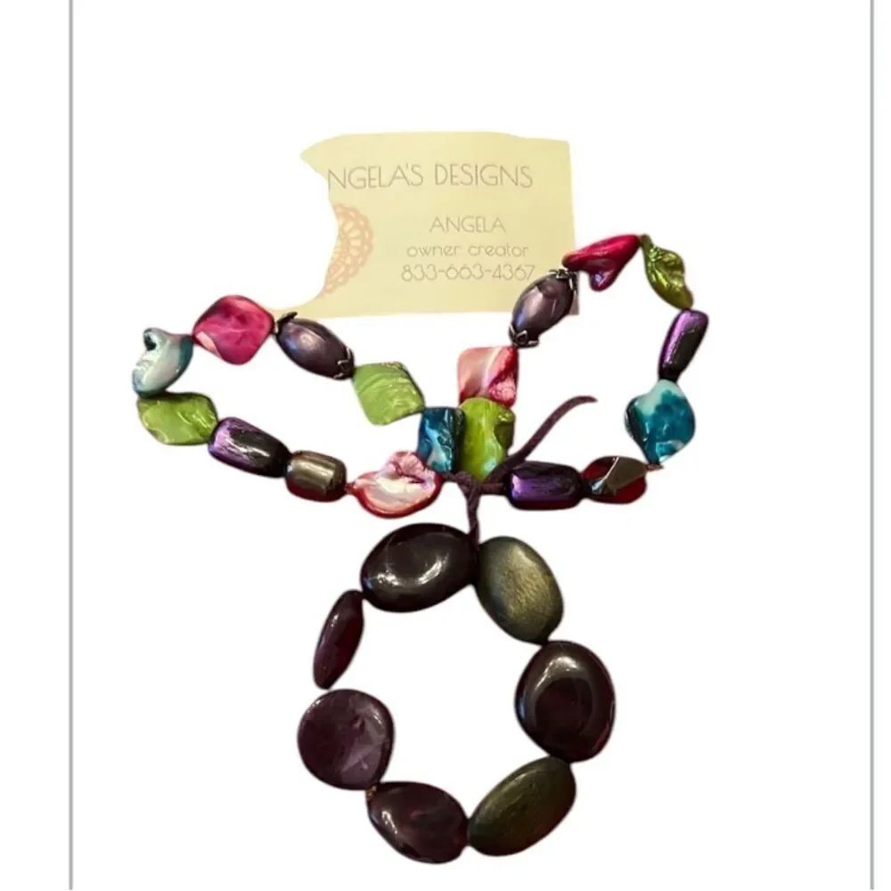 NWT Angela’s Designs 3 stretchy bracelets purple pink green beads & shells